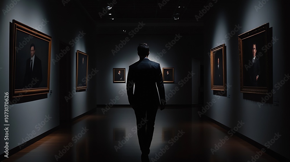 Poster Sophisticated Art Enthusiast Viewing Portraits in Dimly Lit Art Gallery : Generative AI