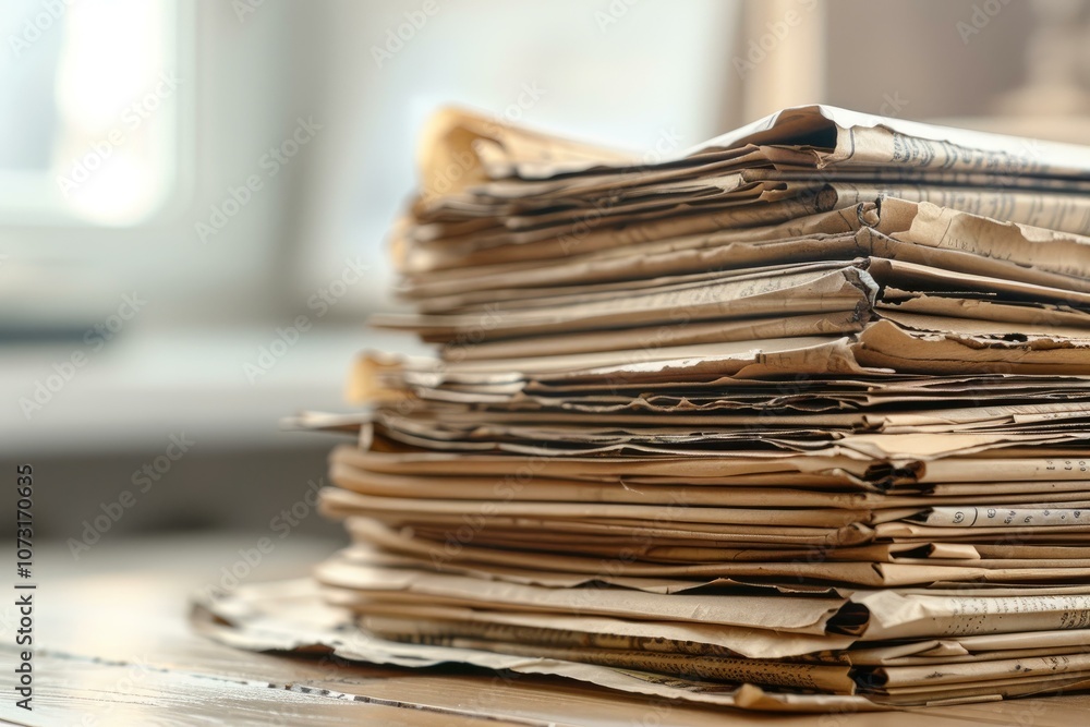 Poster stack of old newspapers sitting on a wooden table, creating an interesting texture and pattern