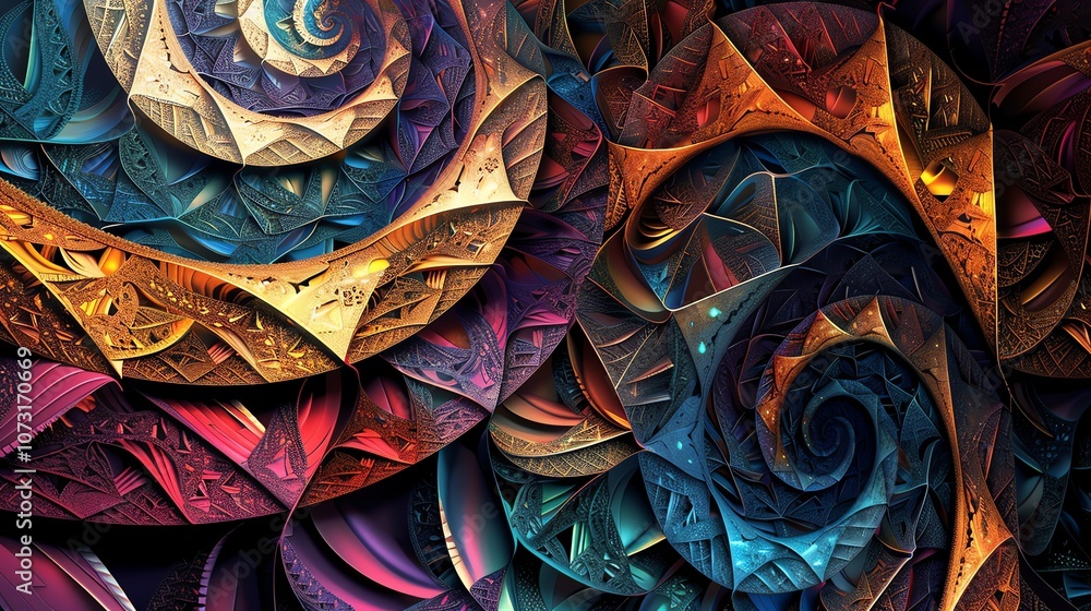 Poster abstract geometric pattern with metallic and colorful textures.