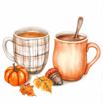 watercolor mugs pumpkin autumn leaves clip art preview