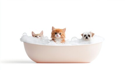 Adorable cat and dog with foam bubbles in a bathtub, isolated on white, ideal for pet grooming ads
