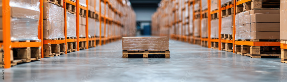 Poster a wide view of a warehouse aisle with stacked pallets on orange racks and a lone pallet on the floor