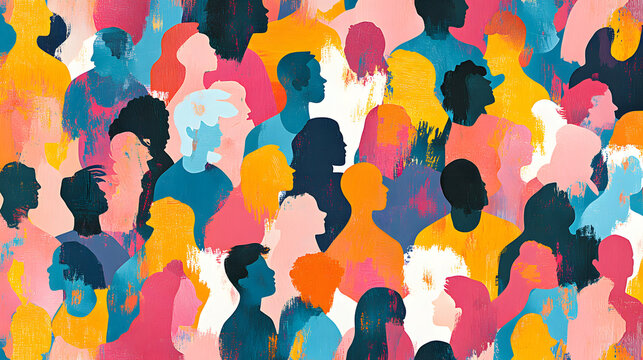 Colorful diverse people crowd abstract art seamless pattern. Multi-ethnic community, big cultural diversity group background illustration in modern collage painting style.