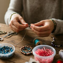 Close-Up of Hands Crafting Handmade Beaded Jewelry