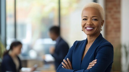A woman in a blue suit is smiling and posing for a photo