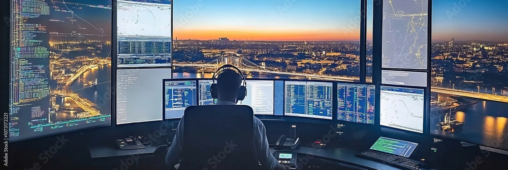 Aufkleber air traffic controller monitors flight data on multiple screens in control tower at sunset