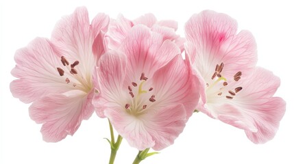 Fototapeta premium Delicate pink geranium flowers in full bloom on white background