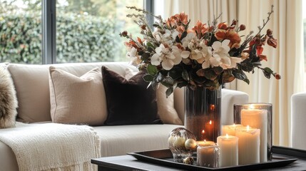 Cozy Living Room Decor with Flower Arrangement, Candles, and a Throw Blanket