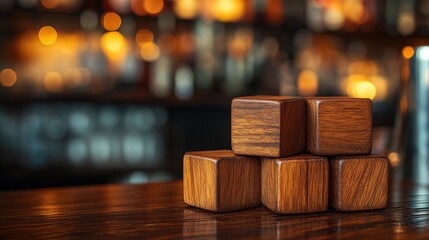 Four wooden blocks stacked in a pyramid shape on a wooden bar counter.