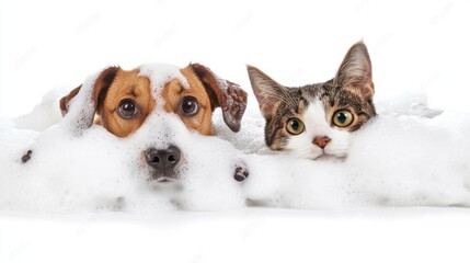 Cute dog and cat with foam-covered faces in a bathtub, isolated on white, ideal for pet care themes
