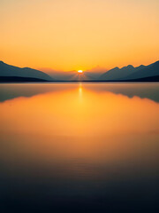 Fototapeta premium Sunset in the mountains at a calm lake - Sunset over the mountain reflection at golden hour, Calm mountain lake reflecting the sunset in the mountains, dawn