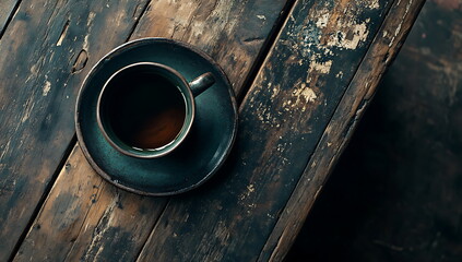 Flat lay of a wooden table with a cup of tea.