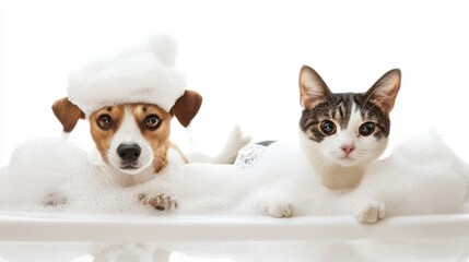 Dog with a bubbly foam hat and cat with foam on ears in a bathtub, isolated on white background