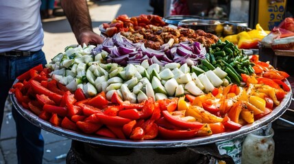 Vibrant Kebab Platter with Fresh Vegetables Displayed