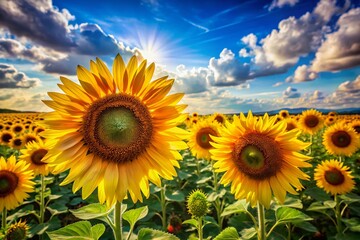 Obraz premium Vibrant Sunflower Field with a Bee in Flight, Perfect for Coloring Activities and Relaxation, Capturing Nature’s Beauty in a Serene Landscape Setting