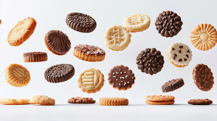 delicious assortment of Girl Scout Cookies, flying in mid-air against a clean white background.