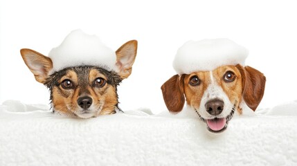 Happy cat and dog with foam on their heads in a bathtub, isolated on white, representing bath time fun