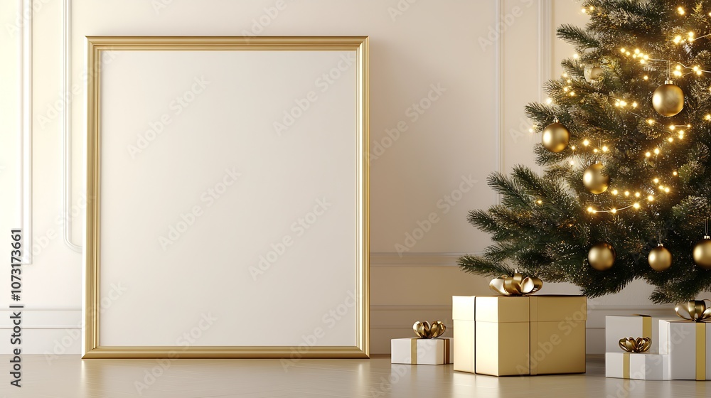 Poster sophisticated christmas decor with tall tree gold frame and wrapped presents : generative ai