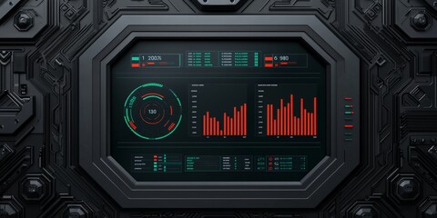 Obraz premium A high-tech interface showing data analytics with colorful graphs and indicators set against a dark, futuristic background.
