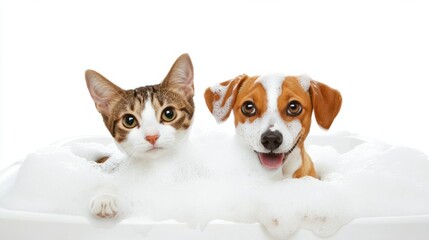 Happy dog and cat with foam on faces, sitting in a bathtub, isolated on white for a clean pet theme