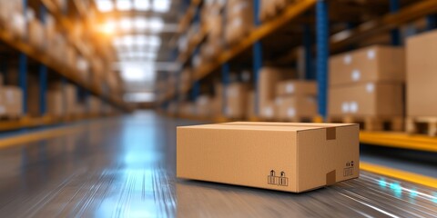 A cardboard box sits on the warehouse floor, surrounded by neatly stacked boxes, showcasing organized storage in a modern logistics facility.