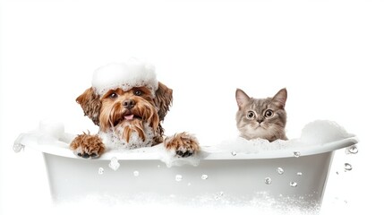 Happy dog with foam beard and cat with foamy ears in a bath tub, isolated on white background