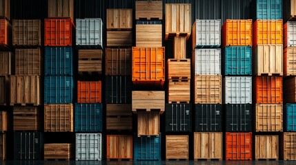 A visually striking arrangement of colorful shipping containers stacked vertically against a textured backdrop.