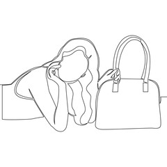Continuous one single line drawing woman woman is promoting a designer bag icon vector illustration concept
