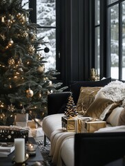 Naklejka premium Decorated Christmas Tree in a Living Room with Gifts