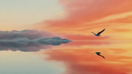 Obraz premium Serene sunset over calm ocean with seagull in flight reflected in peaceful waters
