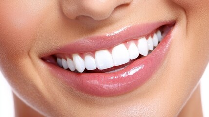 Close-up of a young woman's smile showcasing bright, white teeth and healthy lips.
