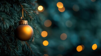 A close-up of a golden Christmas ornament hanging from green pine needles, with soft bokeh lights in the background, perfect for holiday-themed designs, greeting cards, or festive advertisements,