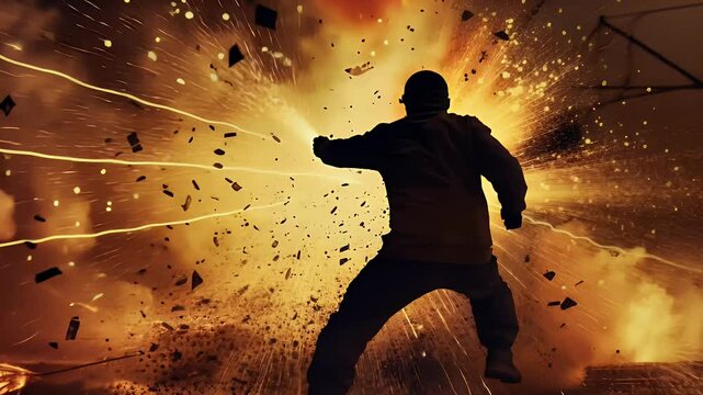 A man is thrown backward by a sudden burst of electricity from a power transformer, with sparks and flames in the background, his silhouette illuminated by the explosion.
