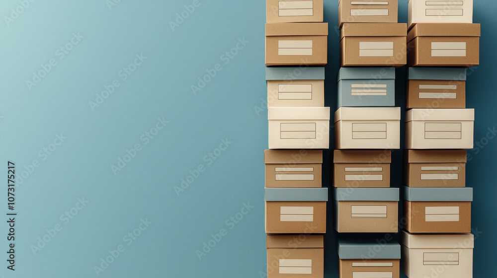 Poster stacked storage boxes in various colors against a simple blue background, creating an organized and 