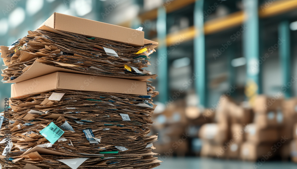 Poster a stack of mixed cardboard boxes and documents sits in an industrial setting, showcasing recycling m