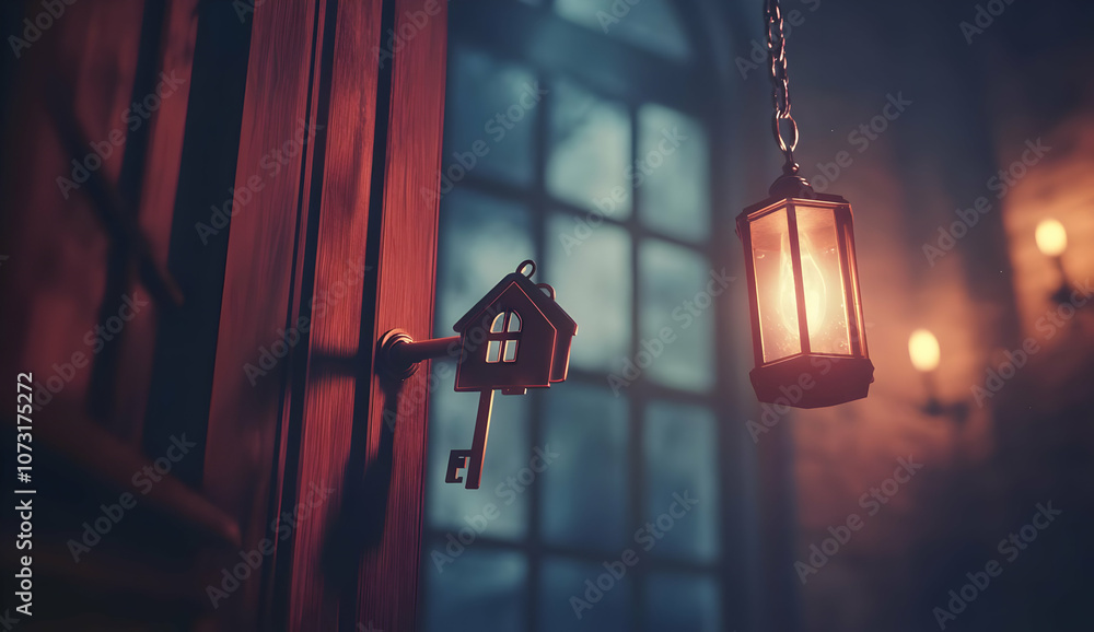 Poster a cozy scene featuring a keyhole with a decorative key and a lantern illuminating the space.