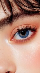 Fototapeta premium Close-up of an eye showcasing vibrant blue iris and well-defined lashes on a smooth, radiant face, Ideal for beauty, skincare, and wellness projects