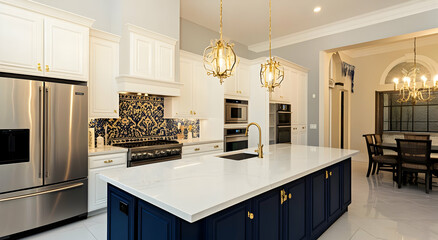 Modern kitchen featuring elegant cabinetry, appliances, and a spacious island.