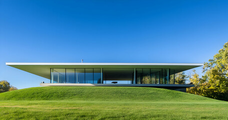 Obraz premium Modern architectural structure with a flat roof set on a grassy hill under a clear blue sky.