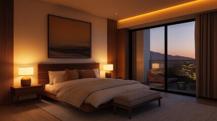 Bedroom with art, warm ambient light, stylish interior, 3D render