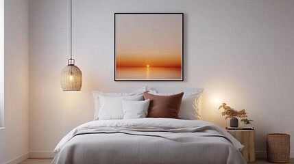 Bedroom with art, warm light, calming atmosphere, 3D render