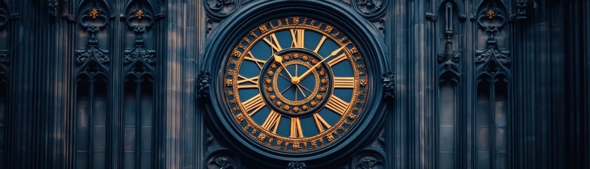 A beautifully detailed clock face set against Gothic architectural elements, showcasing intricate designs and a rich color palette, Ideal for topics on history, architecture, or timekeeping,