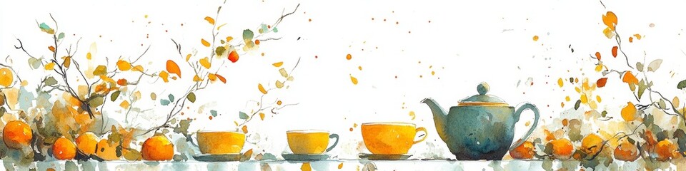 Minimalist watercolor of a Chinese tea pot and cups on a table decorated with golden details and festive mementos.