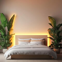 Bedroom with plants, warm glow, peaceful setting, 3D render