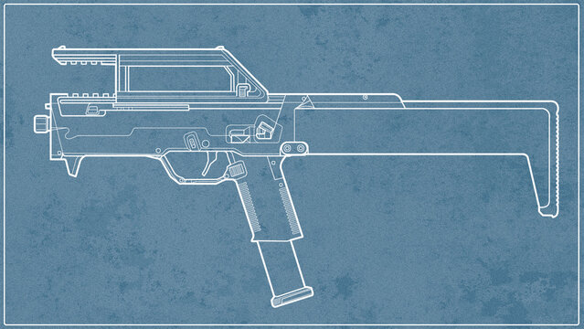 blueprint of upgraded fdp 9, fdc 9,  fmg 9 folded submachine gun blue background