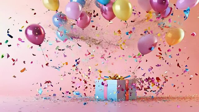 A gift box exploding with confetti, streamers, and balloons, symbolizing celebration and joy.