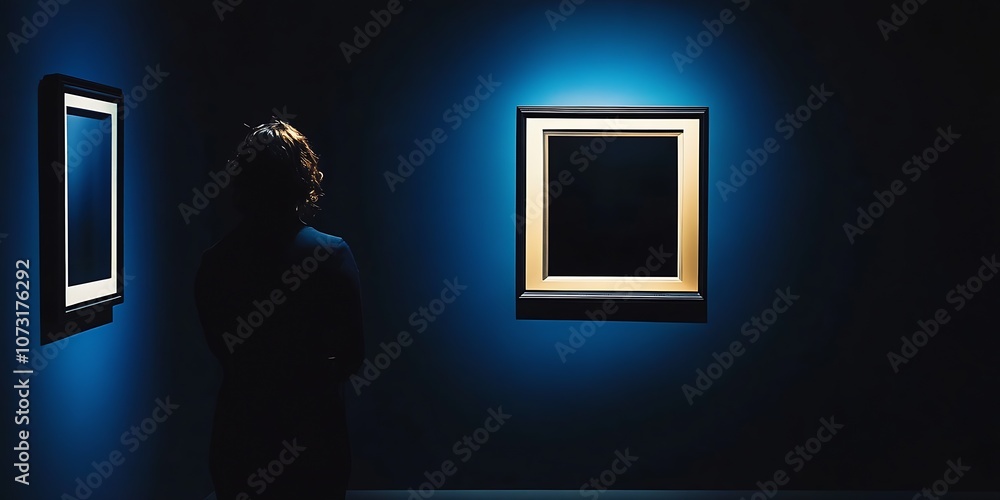 Poster Silhouette of Person Viewing Framed Art in a Low Light Gallery Setting : Generative AI