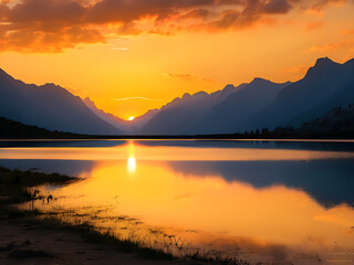Fototapeta premium Sunset in the mountains at a calm lake - Sunset over the mountain reflection at golden hour, Calm mountain lake reflecting the sunset in the mountains, dawn