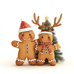 Fototapeta premium Festive Gingerbread Friends Celebrating Christmas with Santa Hats and Christmas Tree : Generative AI
