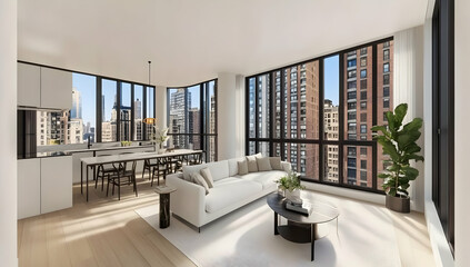 Modern living room with large windows showcasing city views and stylish furnishings.